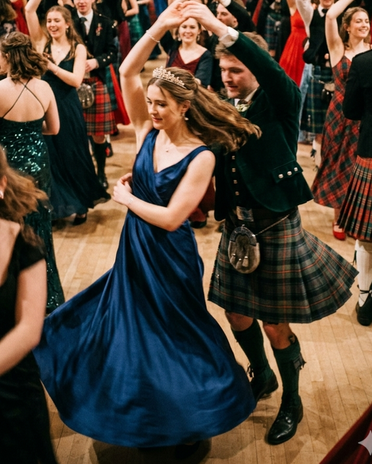 Couple spinning during a reel. Lady in a tiara
