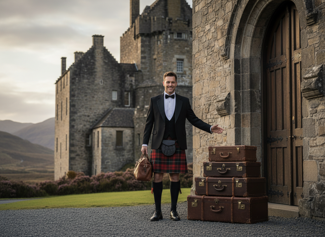 Man wearing a kilt and black tie standing outside a Scottish castle with some leather luggage. 