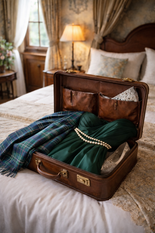 Tartan sash and ball gown with rope of pearls ready to pack in a suitcase