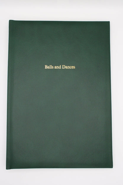 Green Ballroom Diary on white background with "balls and dances" embossed on the front.
