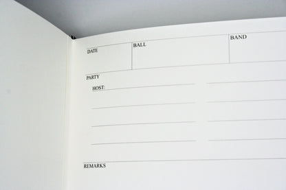 Close-up of a white page of a ballroom diary with text fields for date, ball, band, party, host, and remarks.

