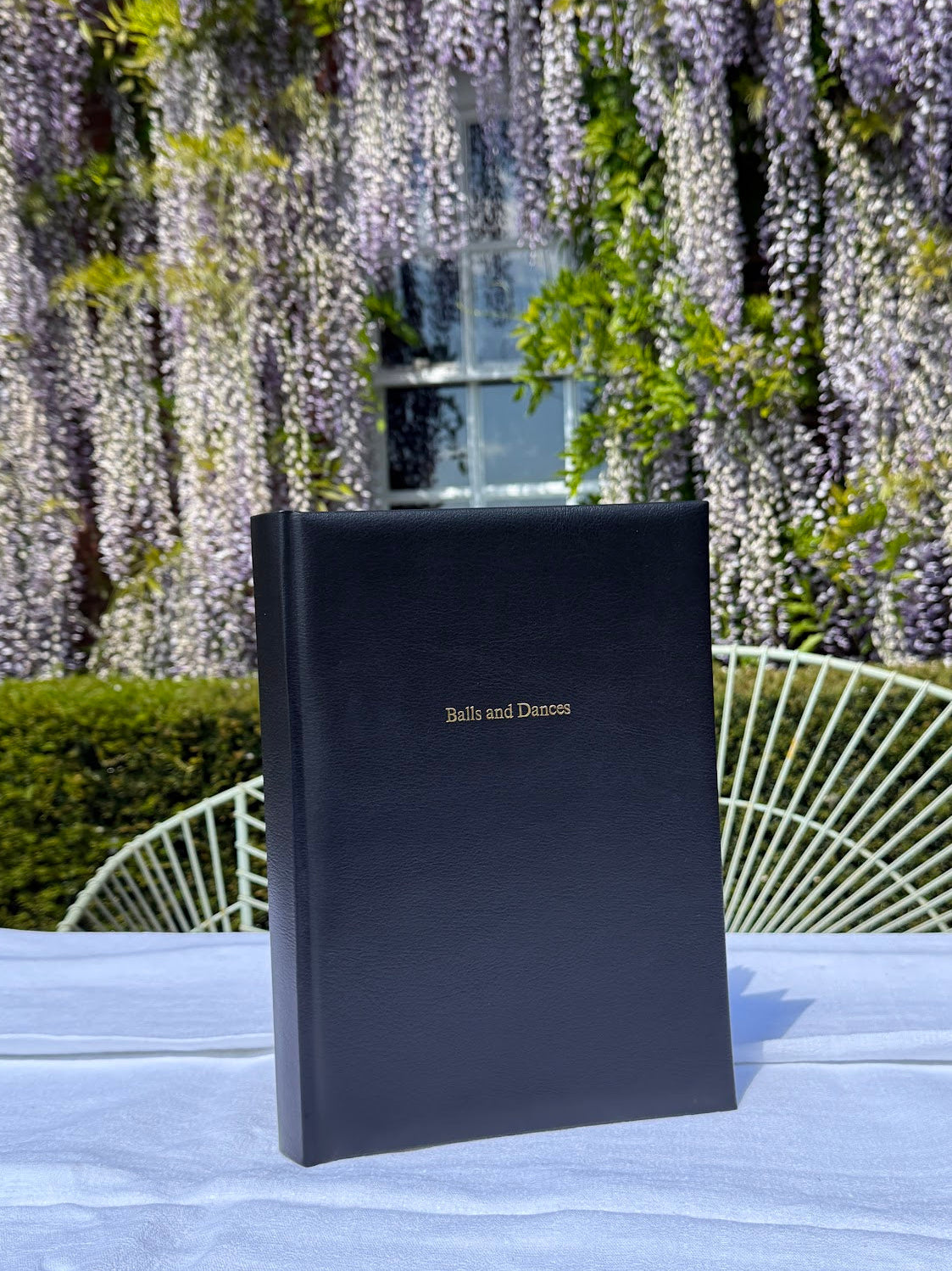 Black Ballroom Diary outside against wisteria background.