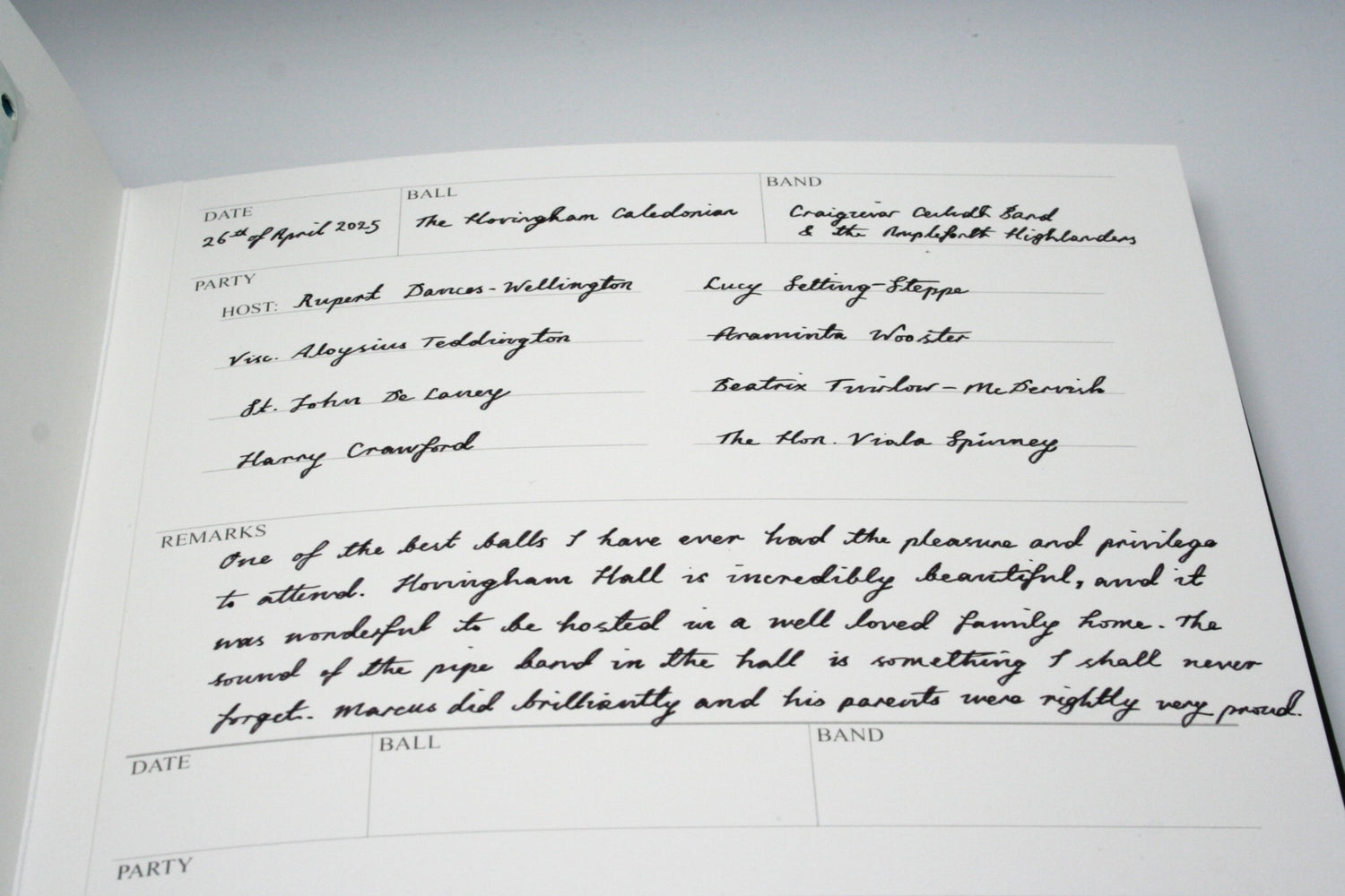 Close up of Ballroom Diary Entry Page