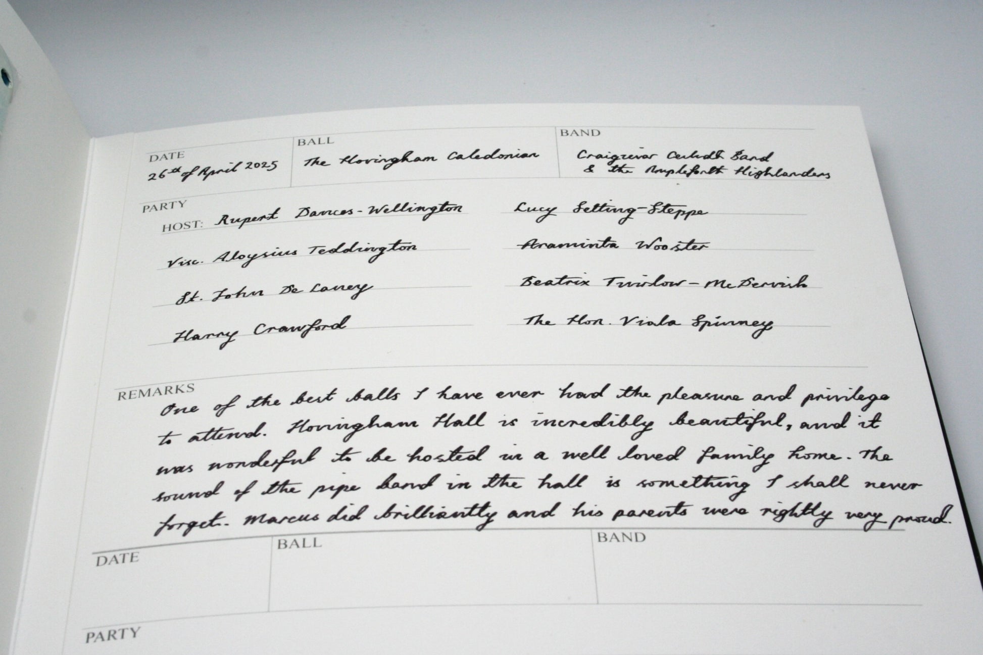 Close up of Ballroom Diary Entry Page